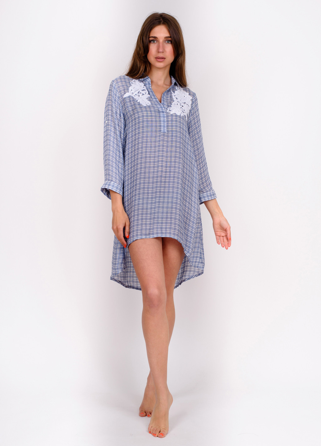 Блакитна домашній сукня сукня-сорочка Suavite в клітинку