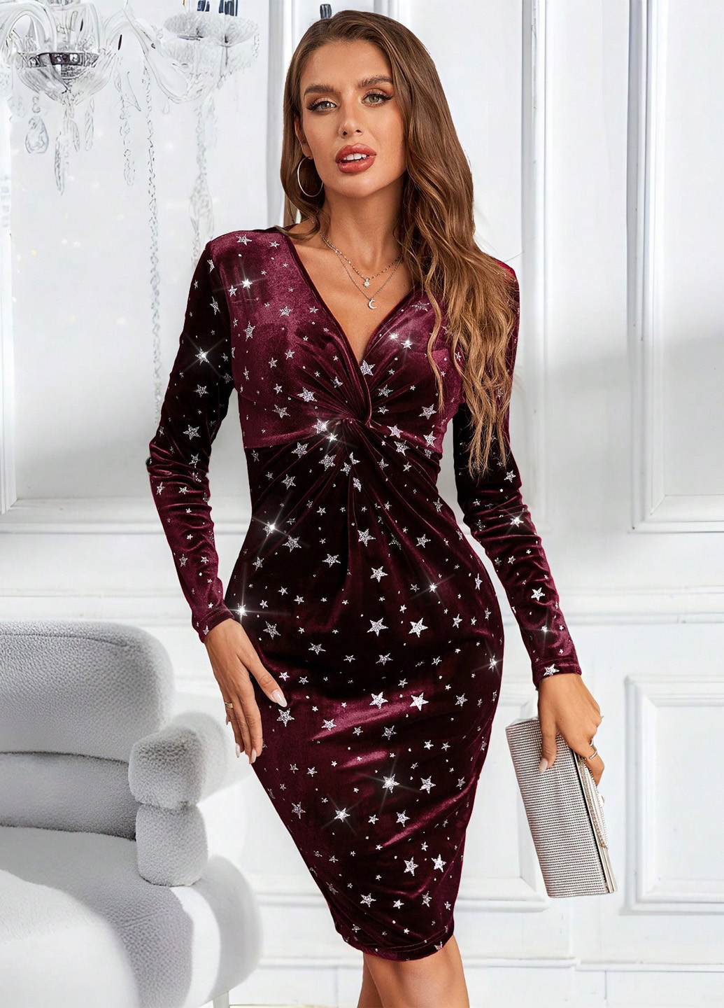 Бордовое кэжуал платье футляр SHEIN звезды