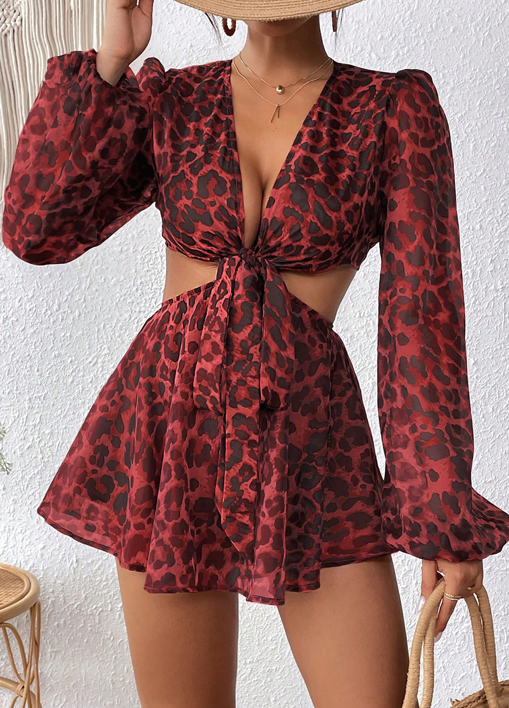 Комбинезон SHEIN комбинезон-шорты леопардовый красный кэжуал полиэстер