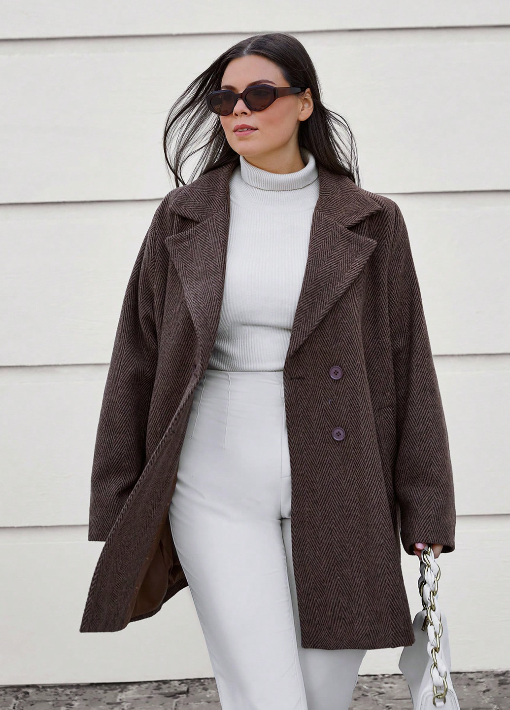 Кавове демісезонне Пальто двобортне SHEIN