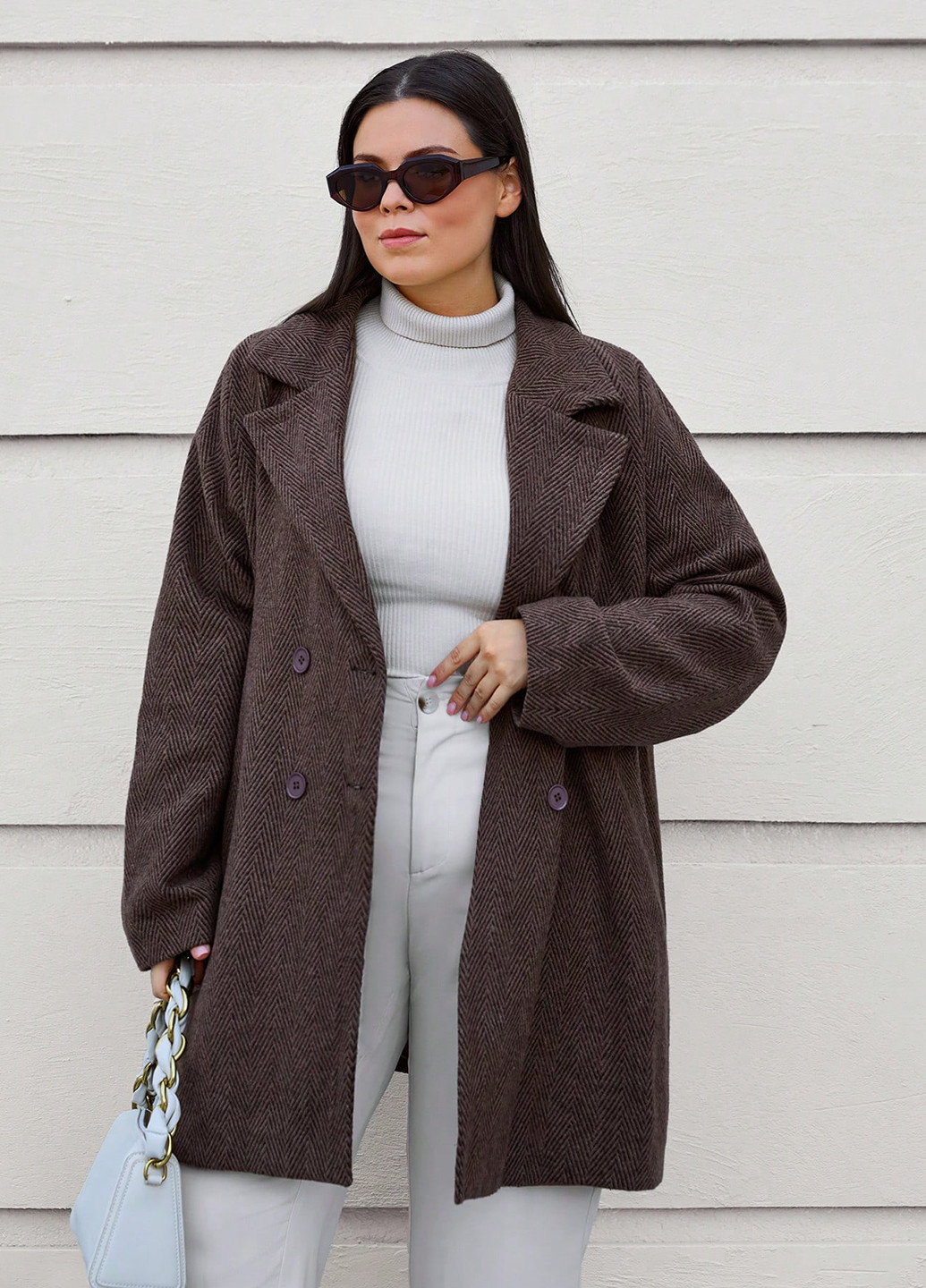 Кавове демісезонне Пальто двобортне SHEIN