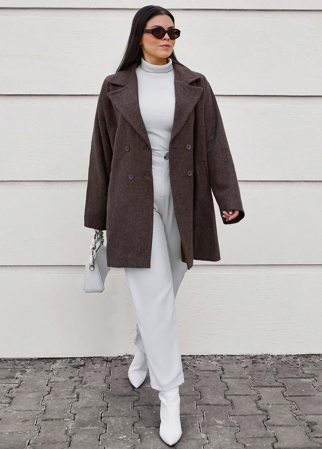 Кавове демісезонне Пальто двобортне SHEIN