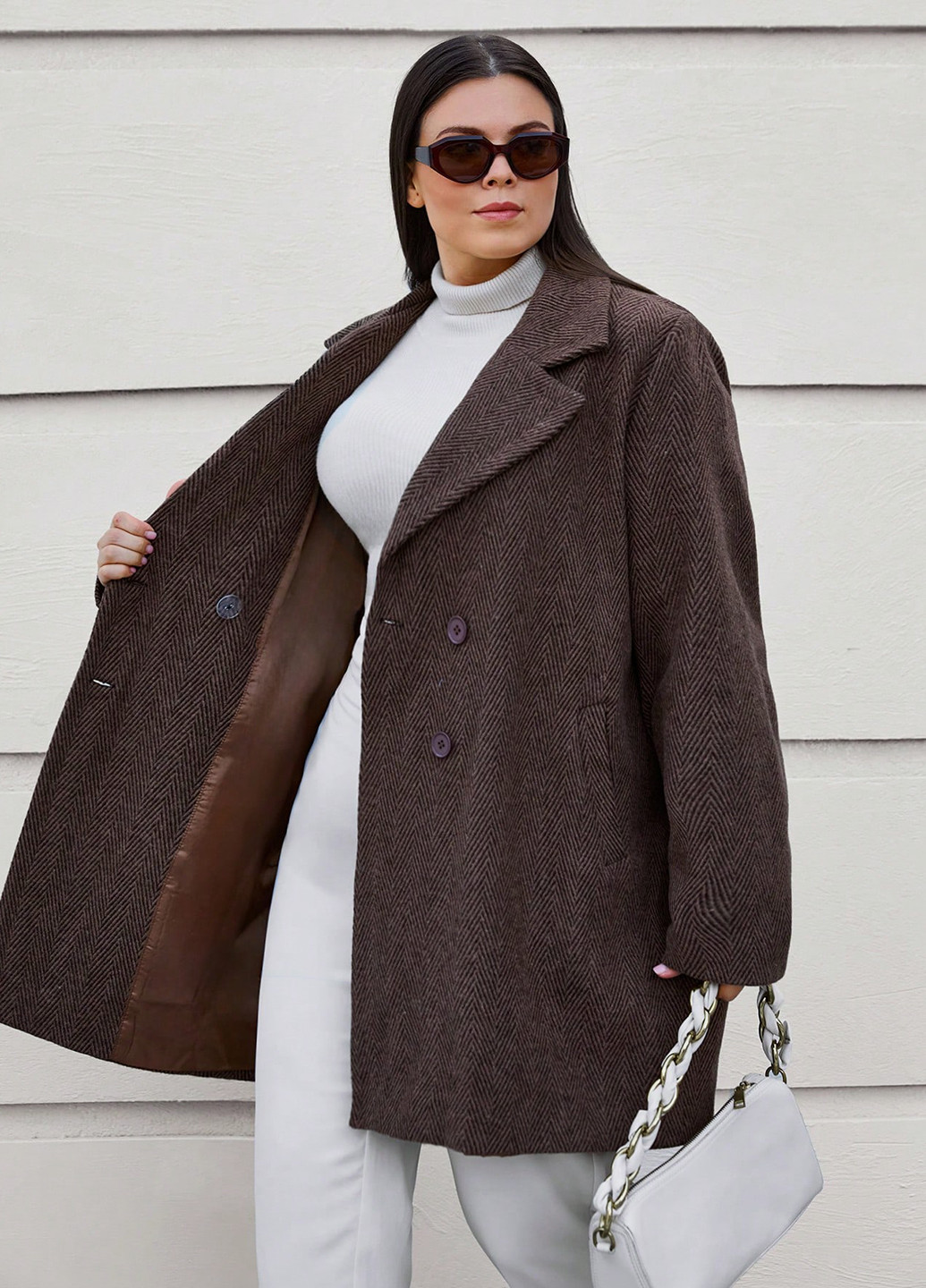 Кавове демісезонне Пальто двобортне SHEIN