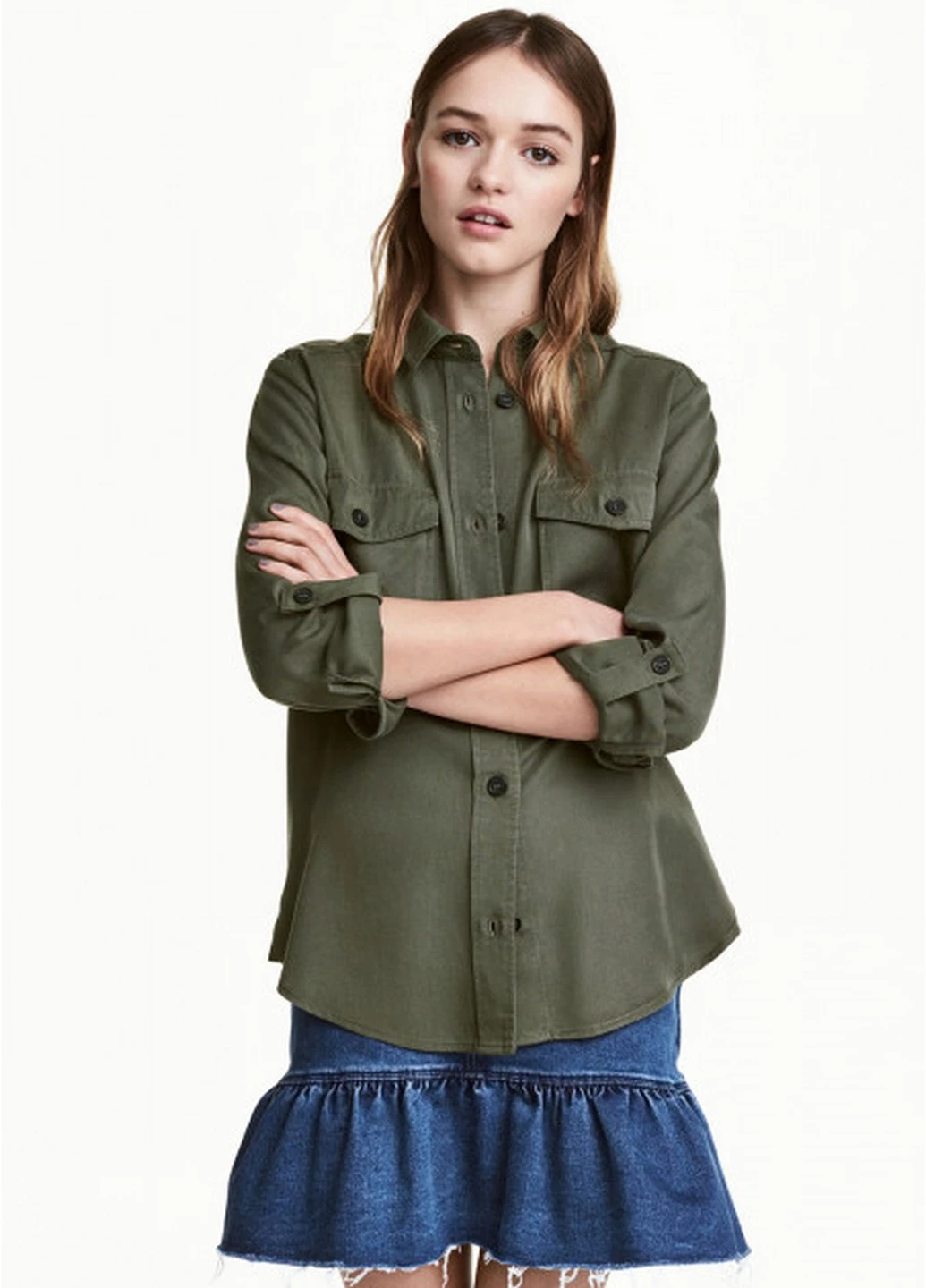 Оливковковая (хаки) кэжуал рубашка однотонная H&M