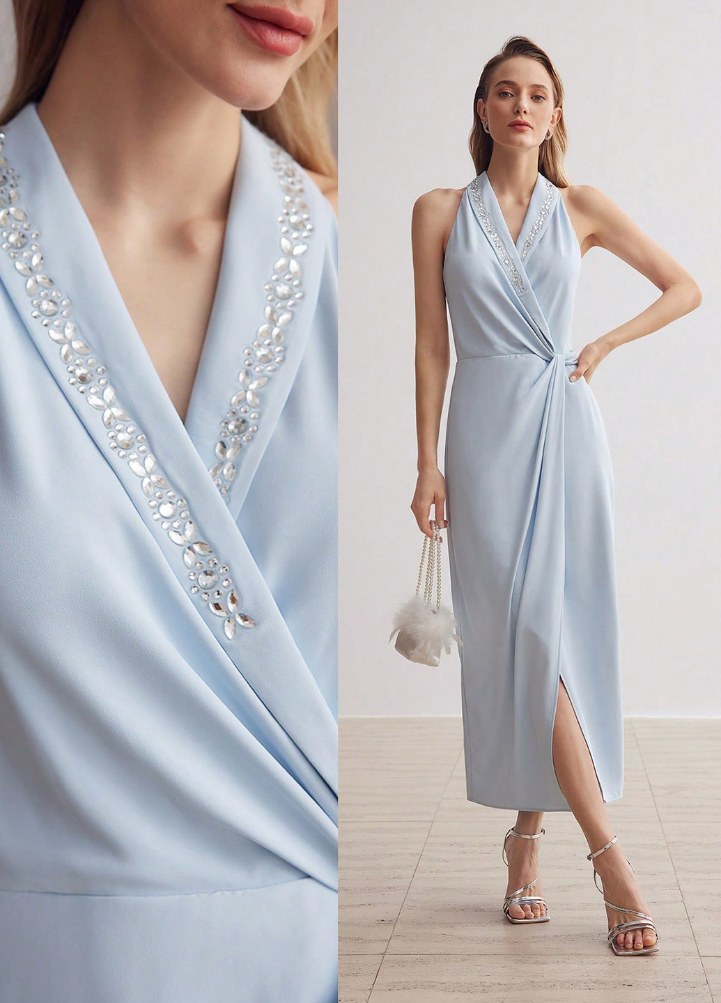Голубое вечернее платье на запах SHEIN однотонное