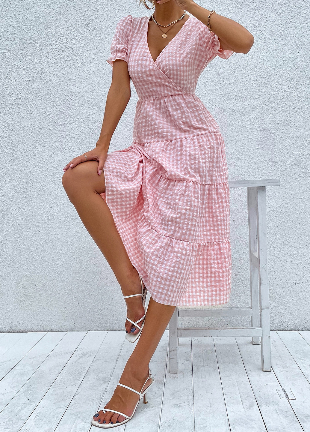 Светло-розовое кэжуал платье с юбкой-солнце, в стиле ампир SHEIN в клетку
