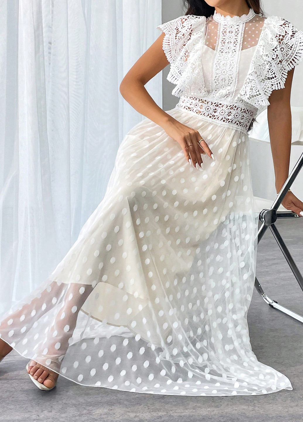 Белое кэжуал платье а-силуэт SHEIN в горошек