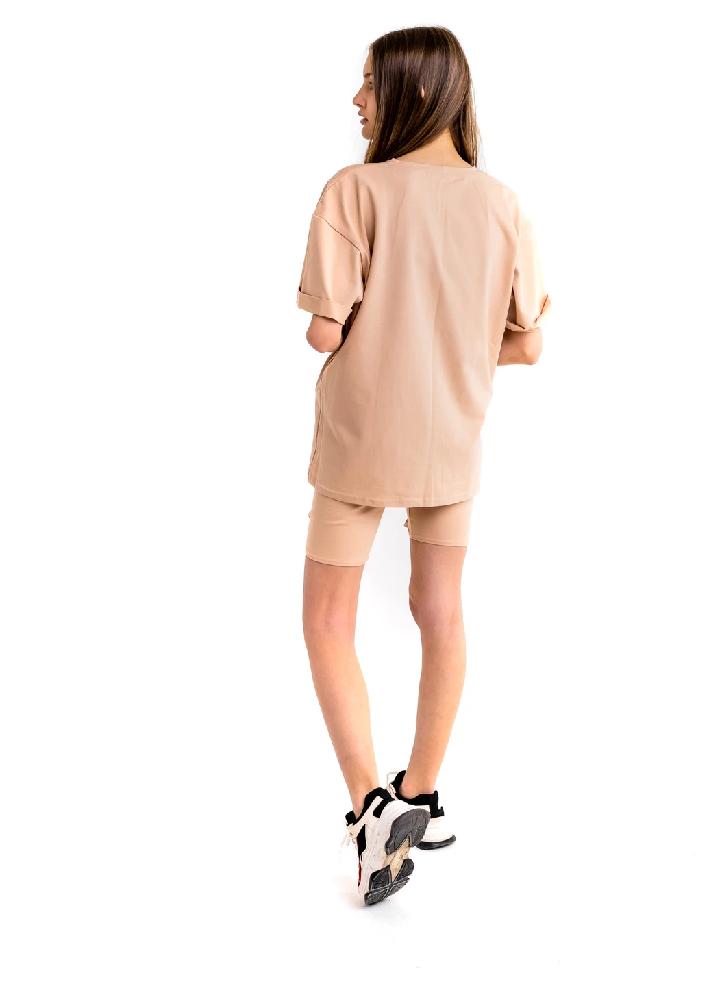 Костюм літній Comfort (Футболка жіноча Oversize + шорти велосипедки) з рефлективний принтом Perspective бежевий Intruder (233194750)
