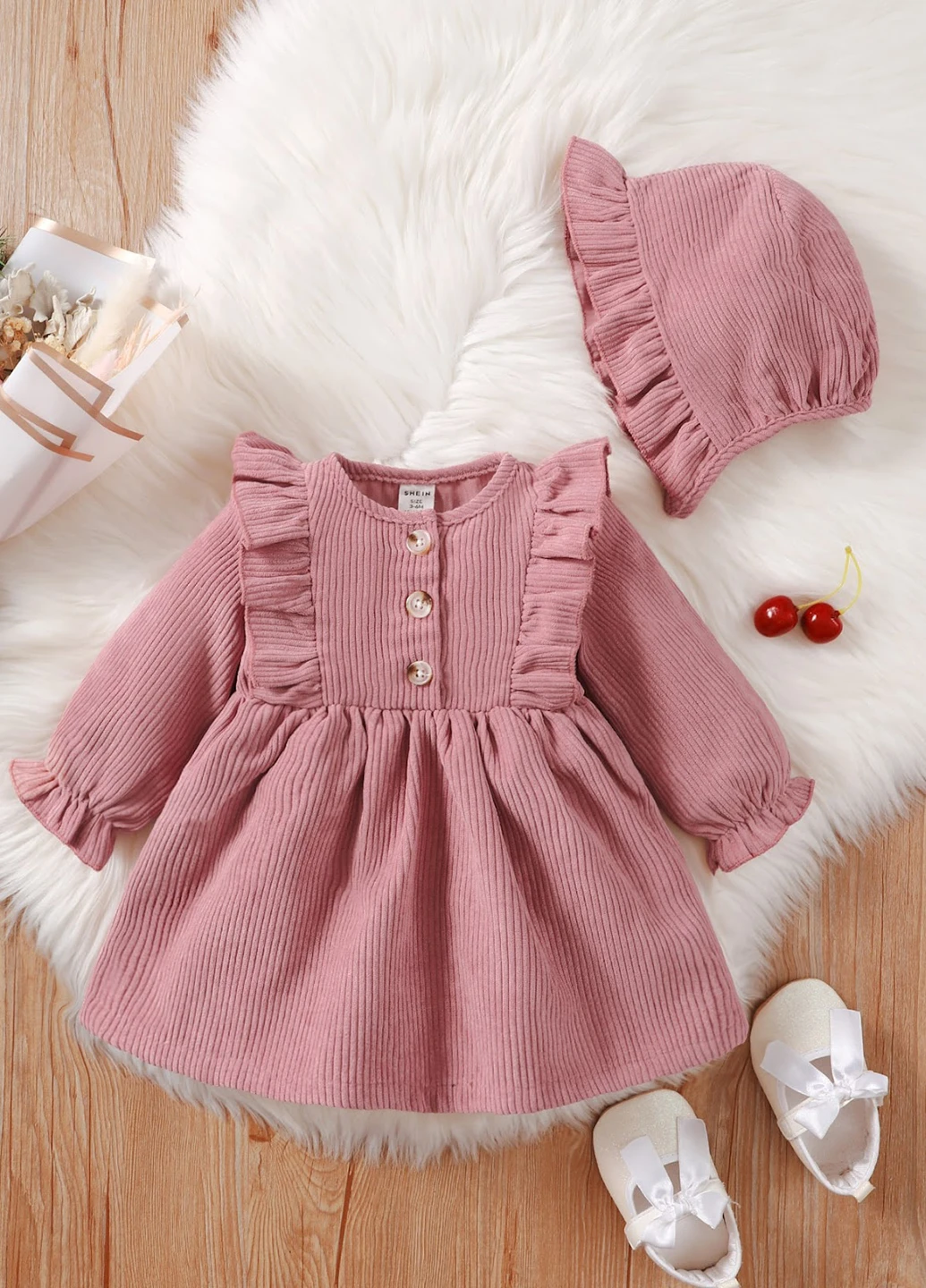 Розовый демисезонный комплект (платье, шапка) SHEIN