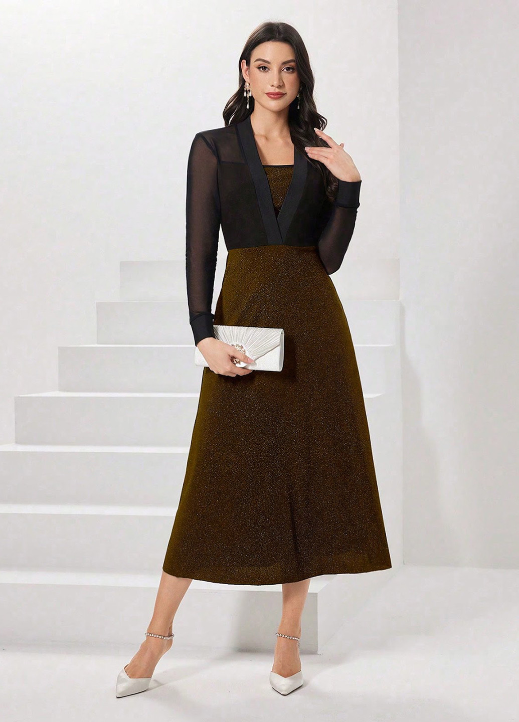 Коричнева вечірня сукня кльош SHEIN однотонна