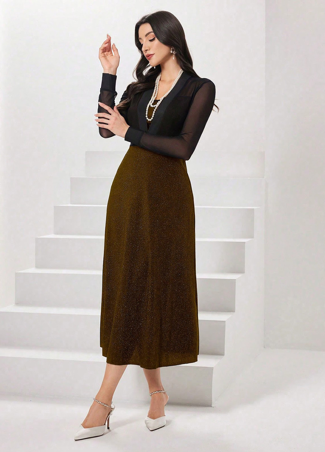 Коричнева вечірня сукня кльош SHEIN однотонна