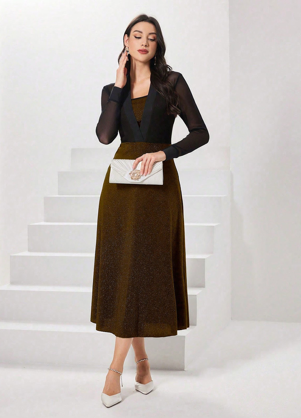 Коричнева вечірня сукня кльош SHEIN однотонна