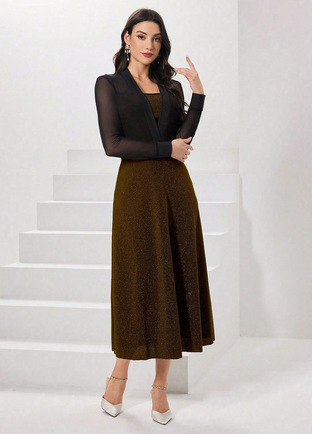 Коричнева вечірня сукня кльош SHEIN однотонна