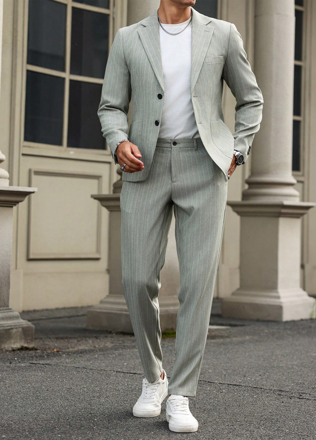 Серо-зеленый демисезонный костюм (пиджак, брюки) брючный SHEIN