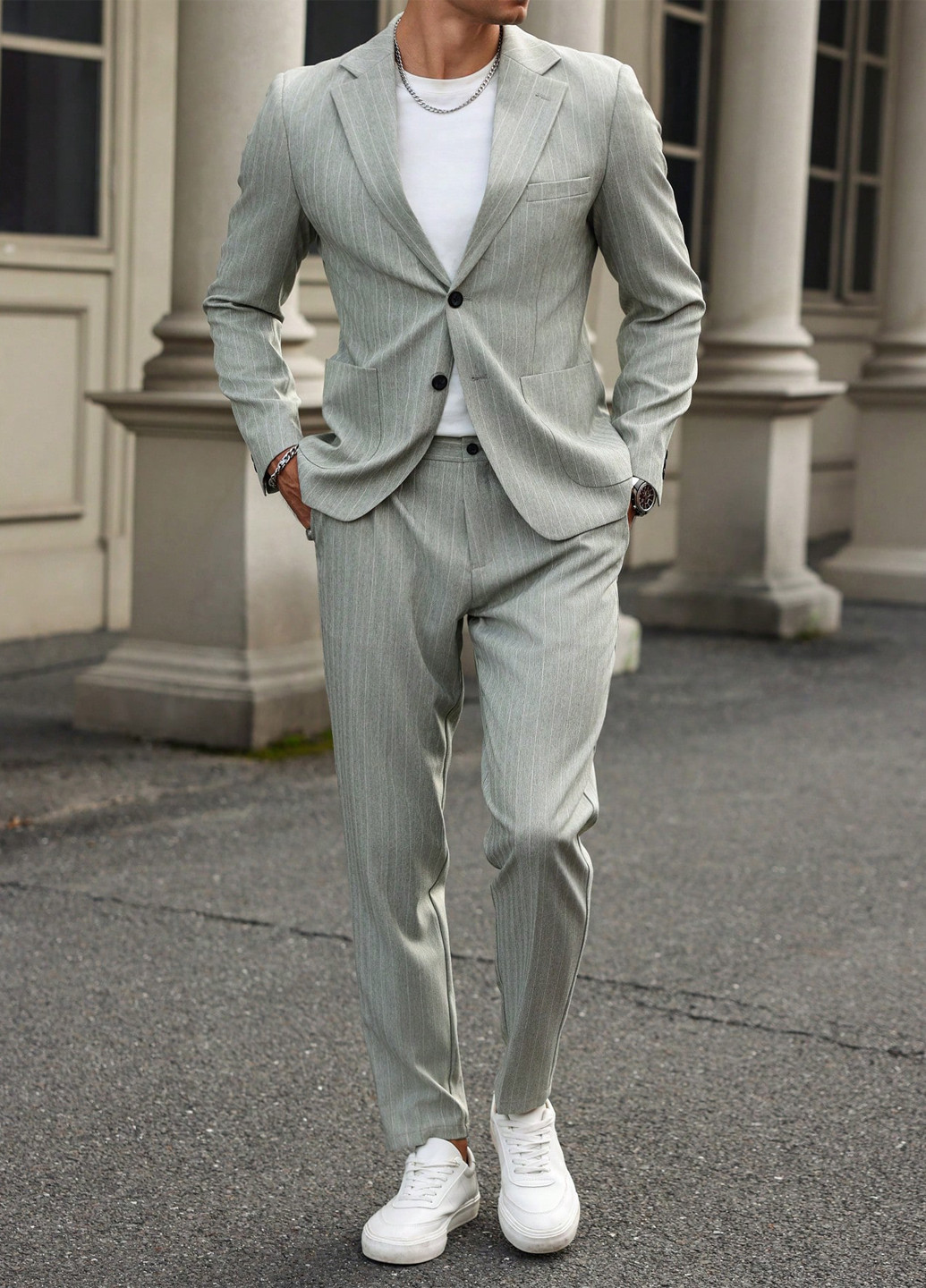 Серо-зеленый демисезонный костюм (пиджак, брюки) брючный SHEIN