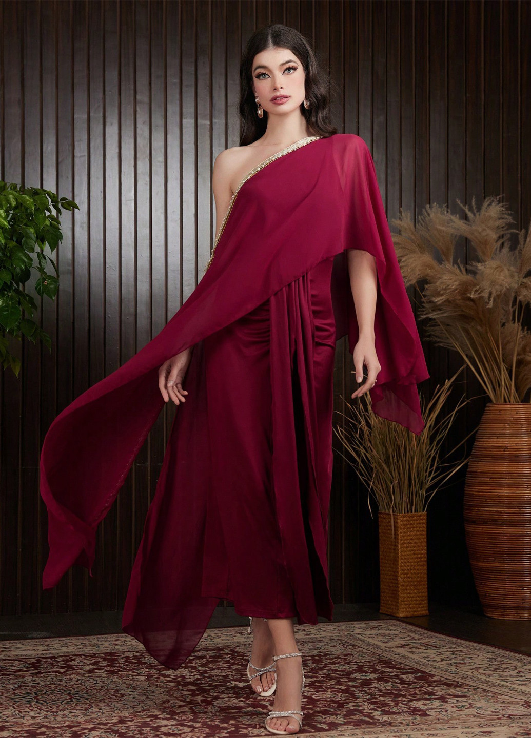 Бордовое вечернее платье на одно плечо SHEIN однотонное