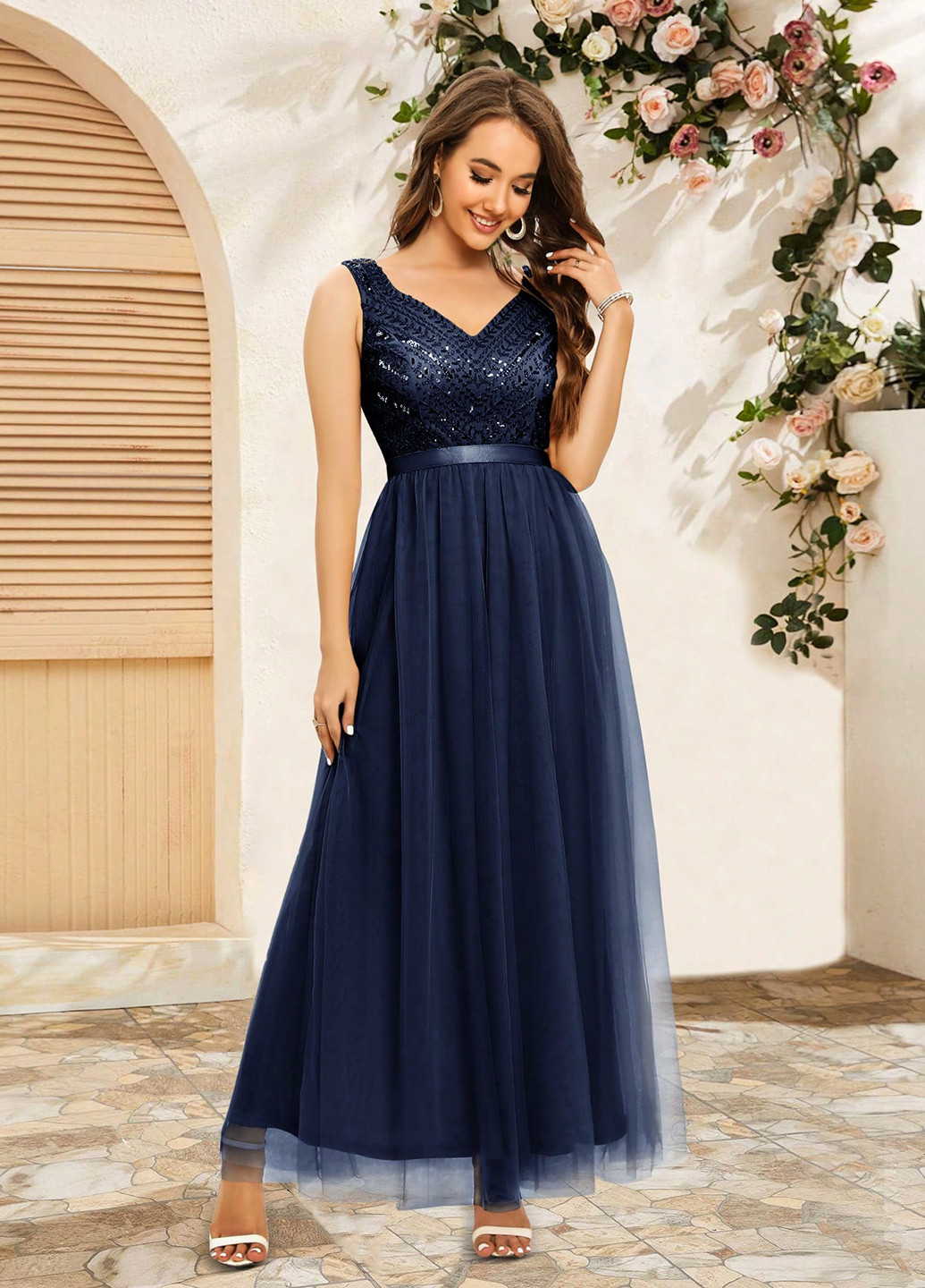 Темно-синее вечернее платье с пышной юбкой SHEIN однотонное