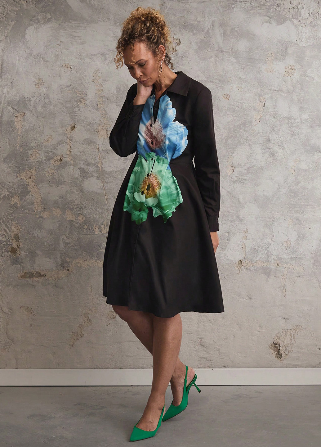 Чорна кежуал сукня кльош, сукня-сорочка SHEIN з квітковим принтом