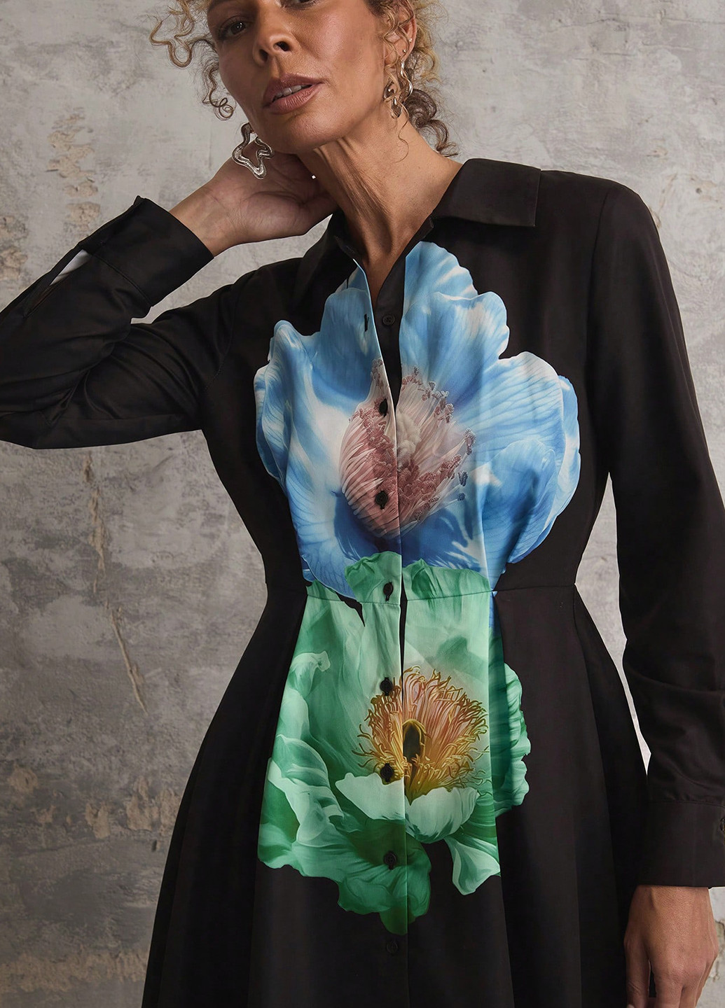 Чорна кежуал сукня кльош, сукня-сорочка SHEIN з квітковим принтом