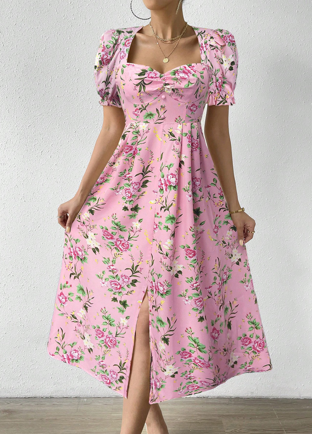 Розовое кэжуал платье клеш SHEIN с цветочным принтом