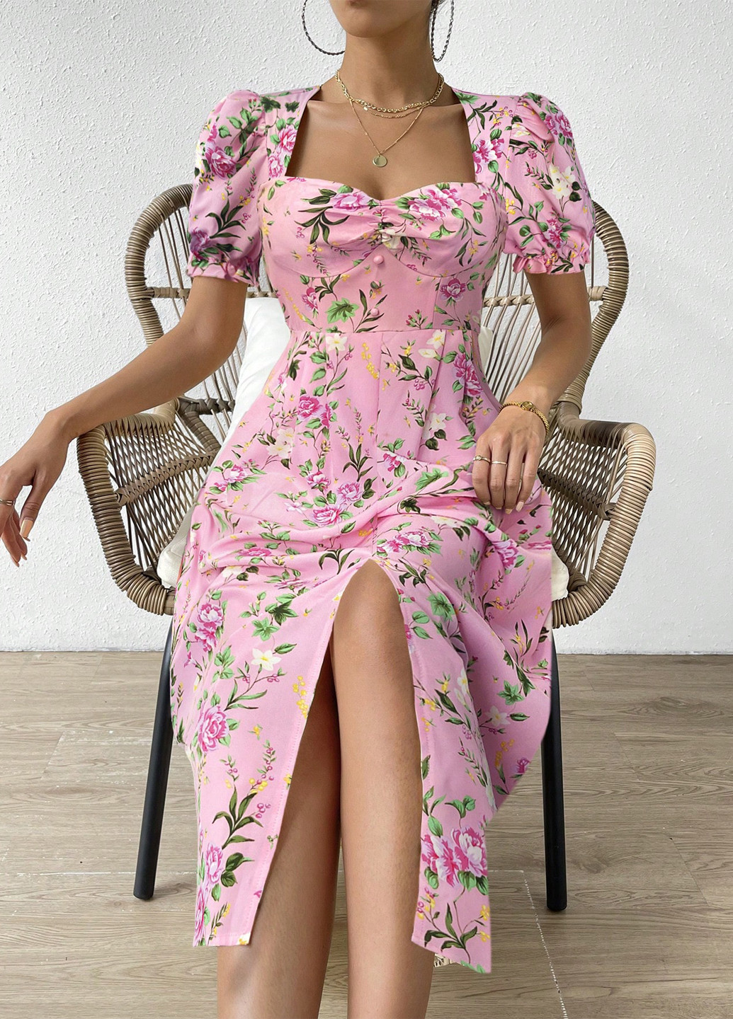 Розовое кэжуал платье клеш SHEIN с цветочным принтом