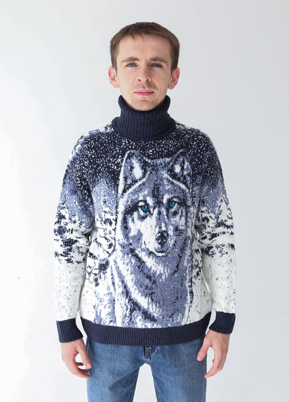 Синій зимовий светр чоловічий синій зимовий принт з вовком Pulltonic Прямая