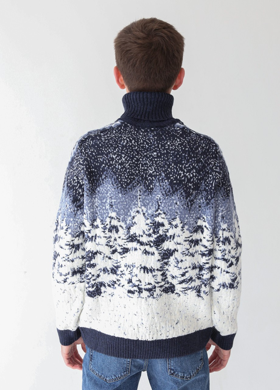 Синій зимовий светр чоловічий синій зимовий принт з вовком Pulltonic Прямая