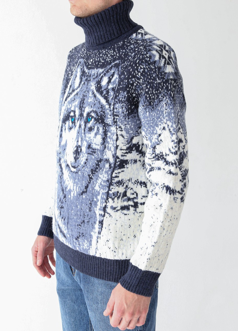 Синій зимовий светр чоловічий синій зимовий принт з вовком Pulltonic Прямая