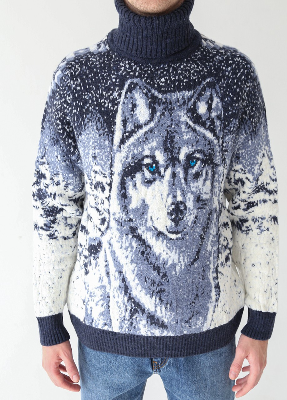 Синий зимний свитер мужской синий зимний принт с волком Pulltonic Прямая
