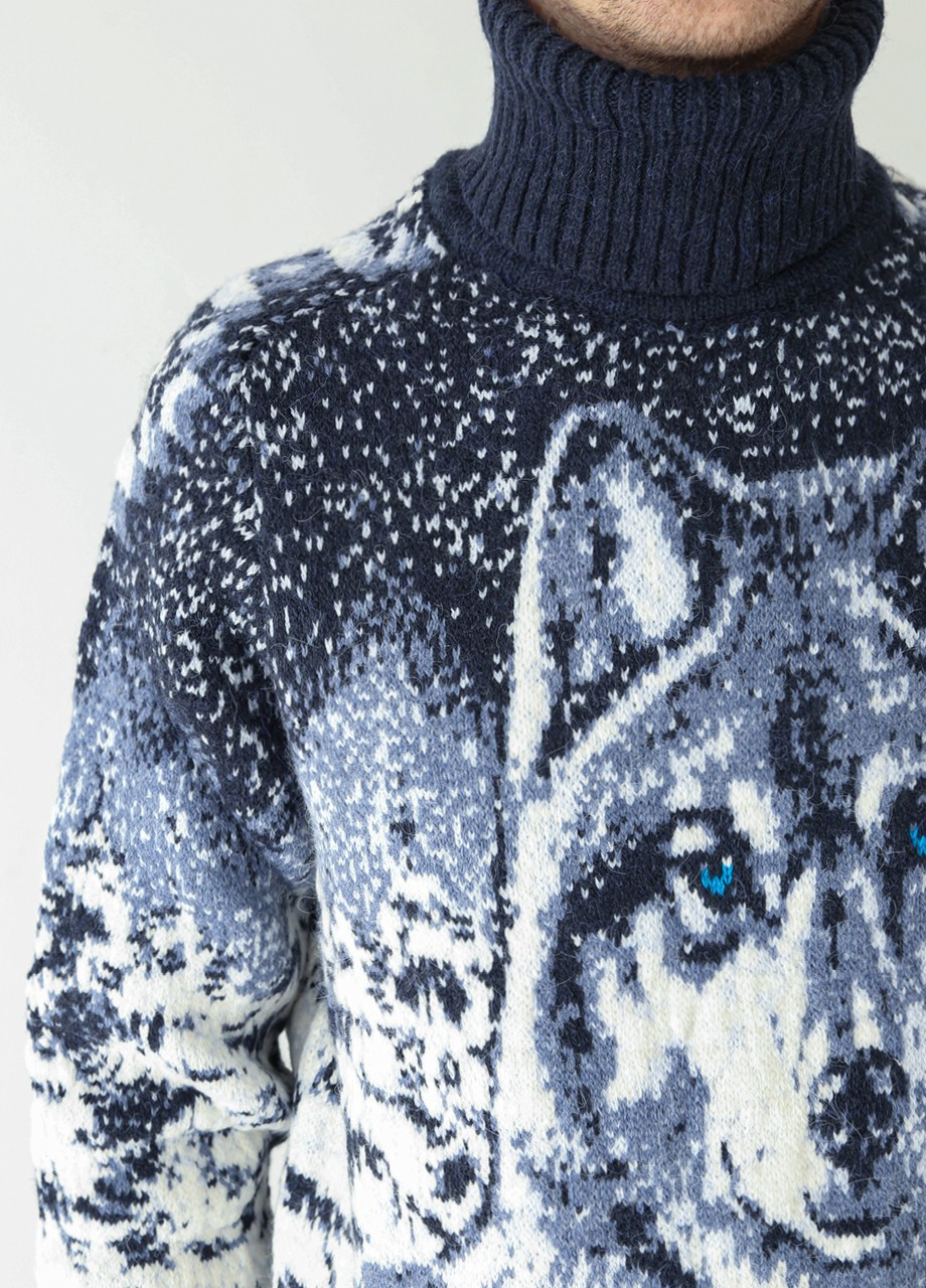 Синий зимний свитер мужской синий зимний принт с волком Pulltonic Прямая
