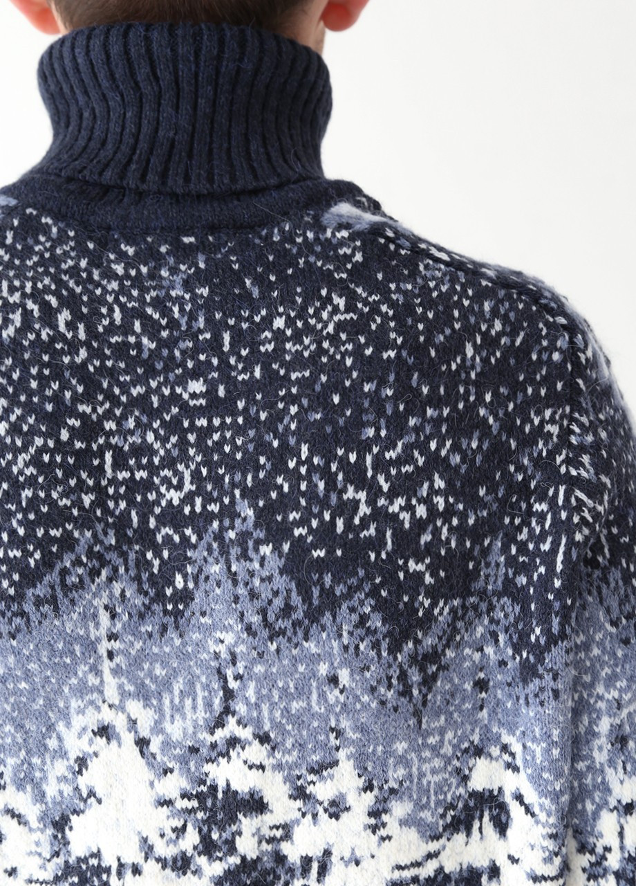 Синій зимовий светр чоловічий синій зимовий принт з вовком Pulltonic Прямая