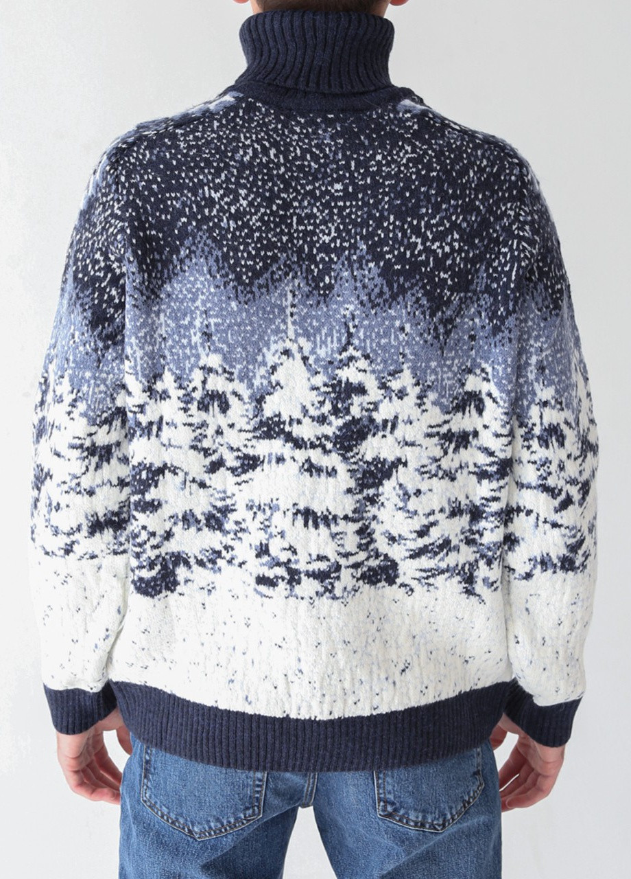 Синій зимовий светр чоловічий синій зимовий принт з вовком Pulltonic Прямая