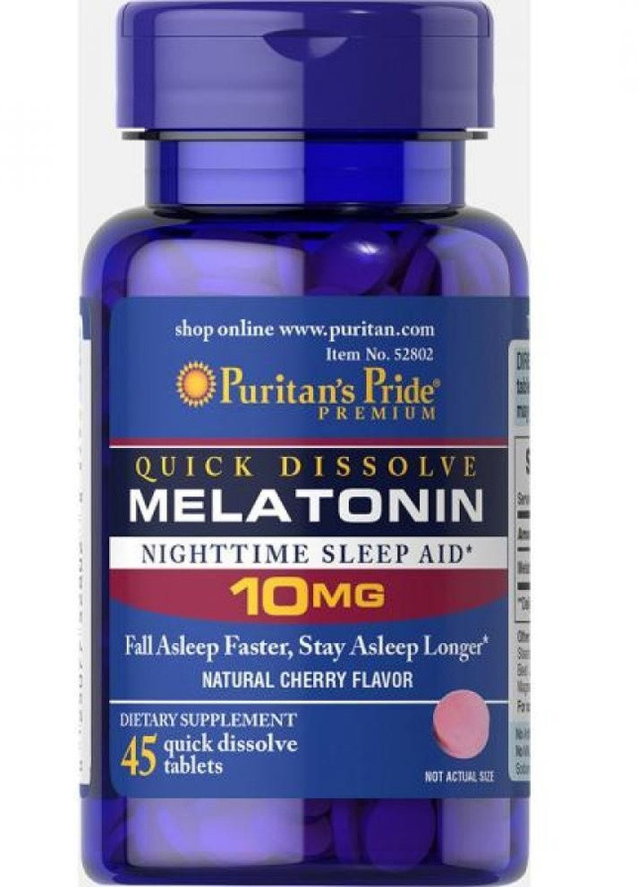 Мелатонін для здорового сну і стабілізації тиску Quick Dissolve Melatonin 10 mg Cherry Flavor 45 Tablets Puritans Pride (232599705)