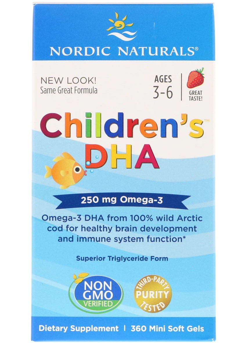Риб'ячий жир (ДГК) для Дітей, (3-6 років), 250 мг, Смак Полуниці, Children's DHA,, 360 міні капсул Nordic Naturals (228291739)