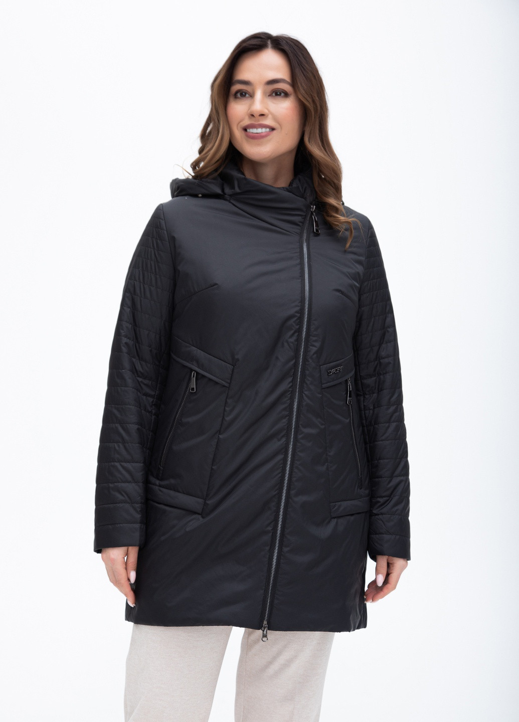 Чорна демісезонна жіноча демісезонна подовжена куртка delfi чорна 250622 Delfy