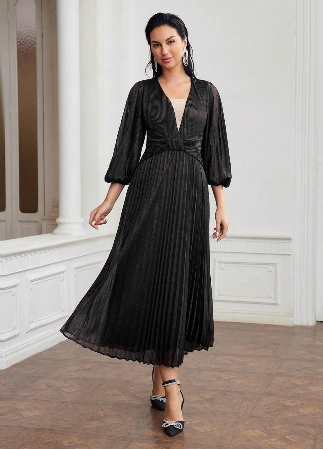 Черное кэжуал, вечернее платье плиссированное SHEIN однотонное