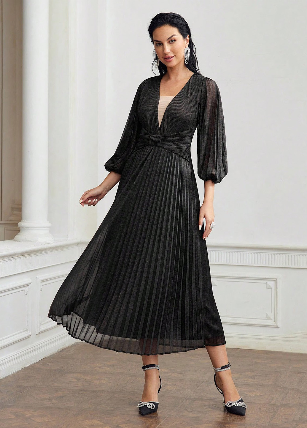 Черное кэжуал, вечернее платье плиссированное SHEIN однотонное