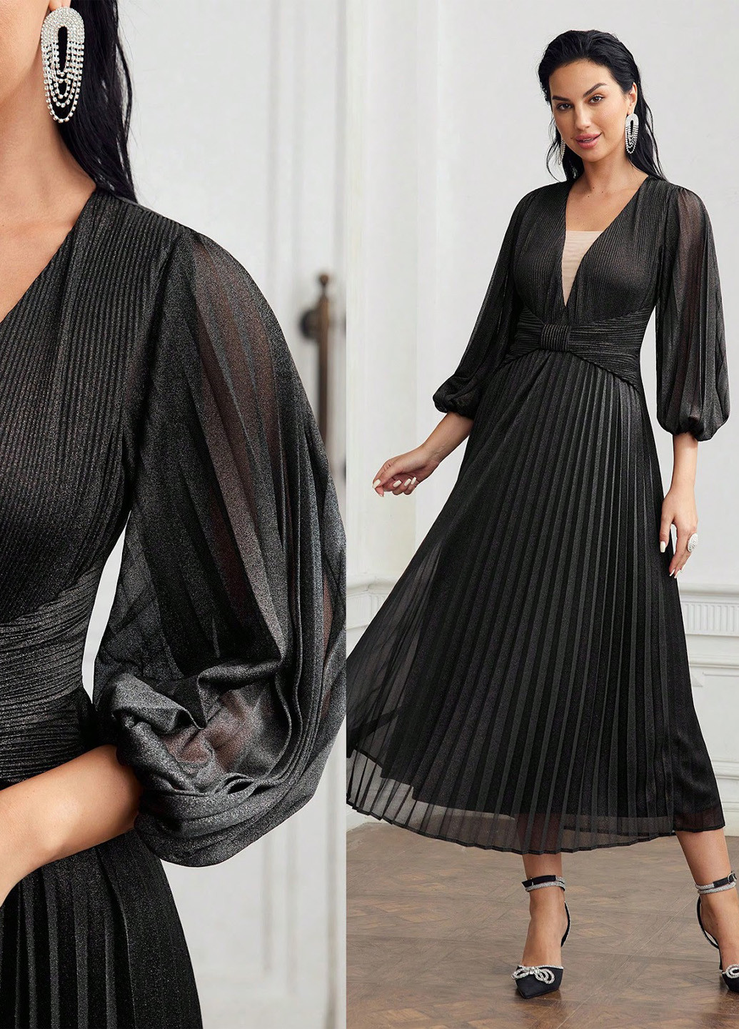 Черное кэжуал, вечернее платье плиссированное SHEIN однотонное