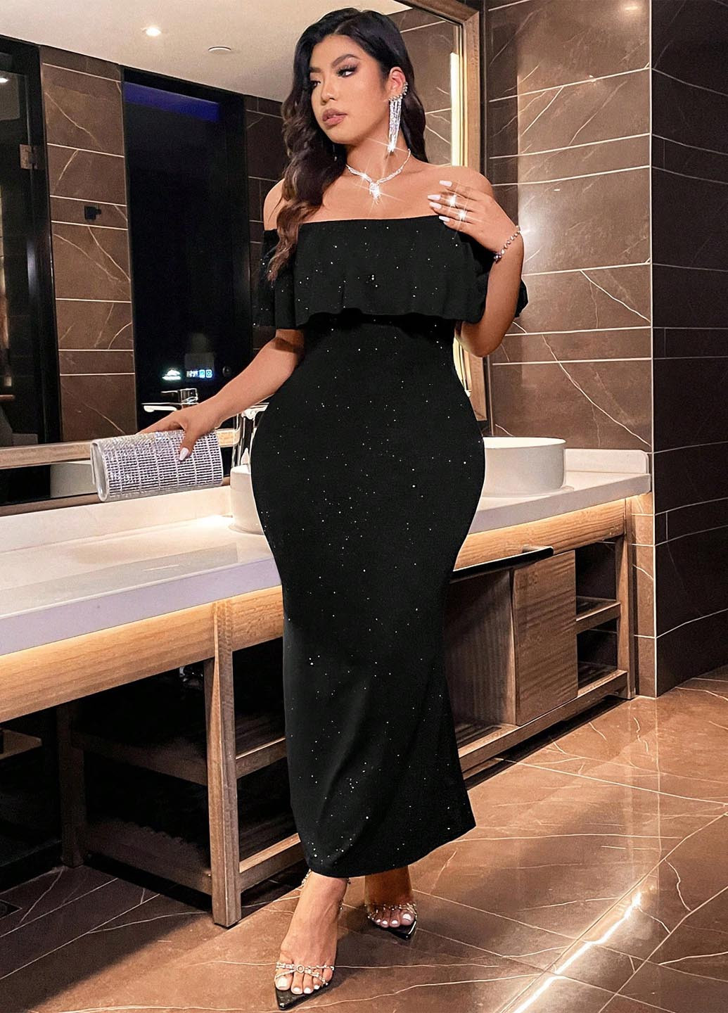 Чорна вечірня сукня годе, з відкритими плечима SHEIN однотонна