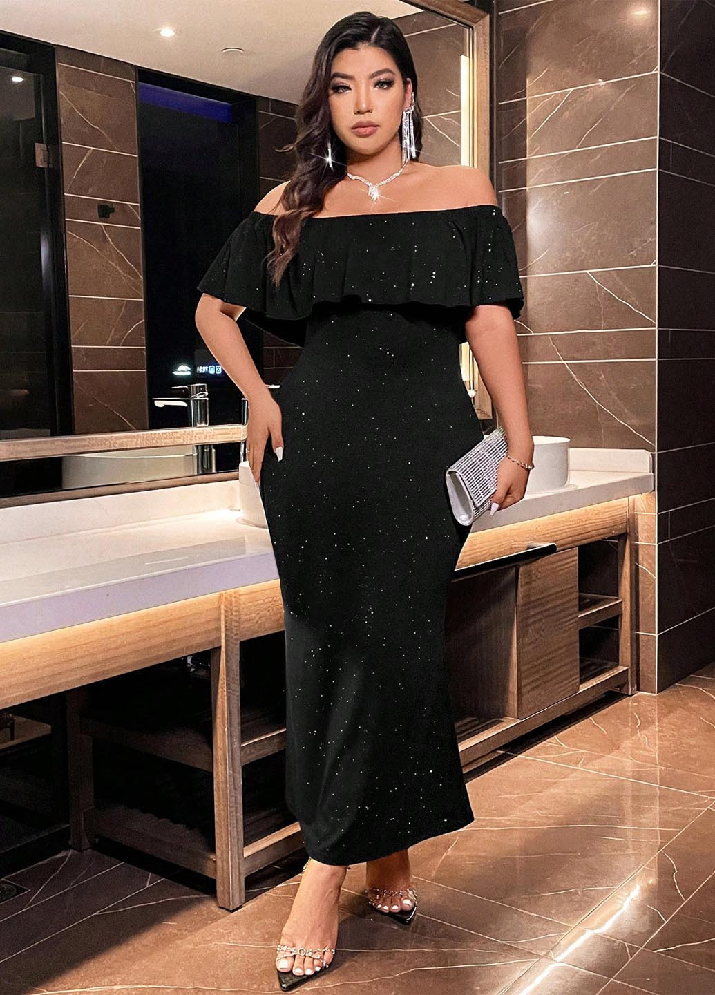 Чорна вечірня сукня годе, з відкритими плечима SHEIN однотонна