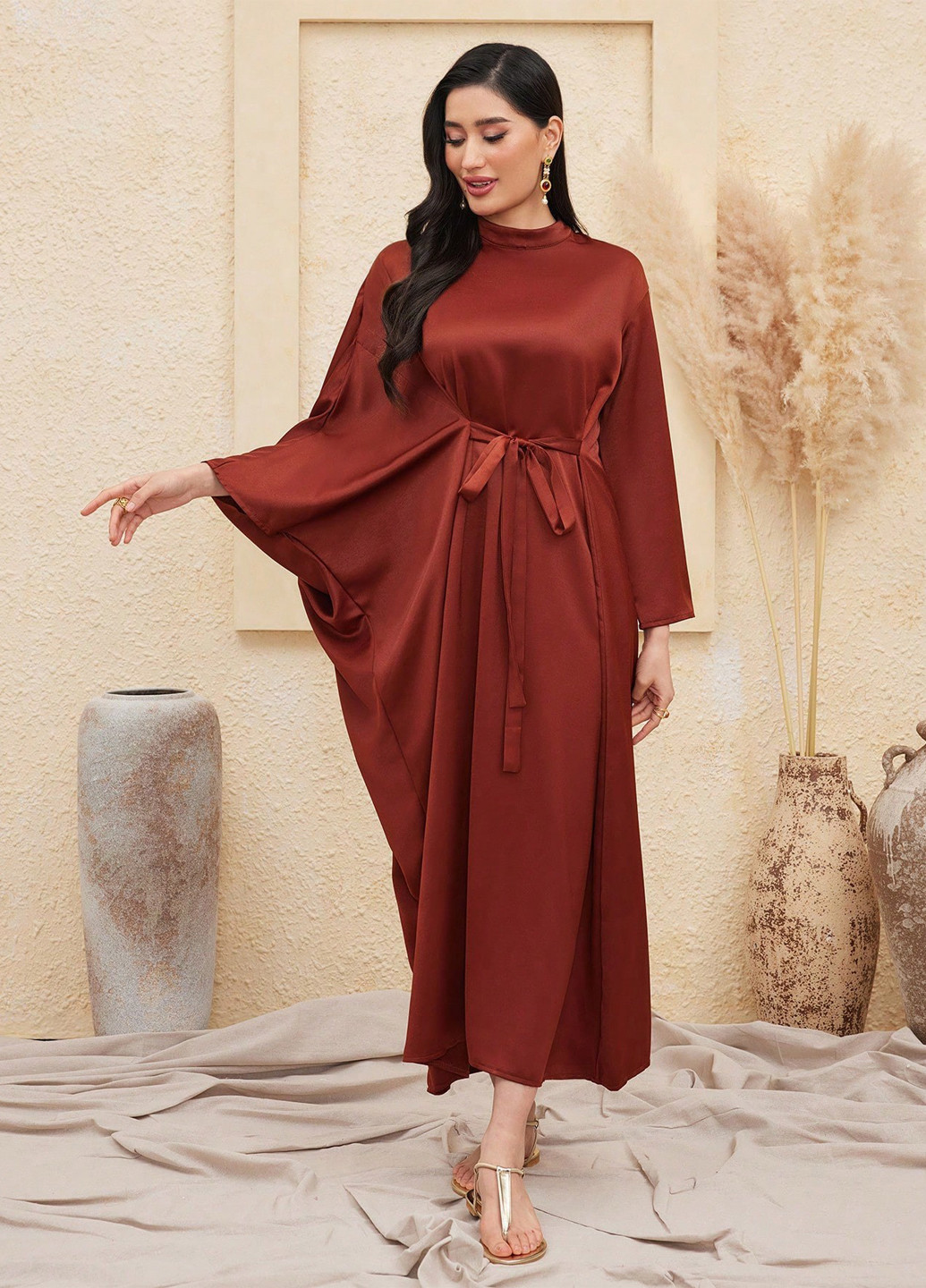 Коричневое кэжуал платье на запах SHEIN однотонное