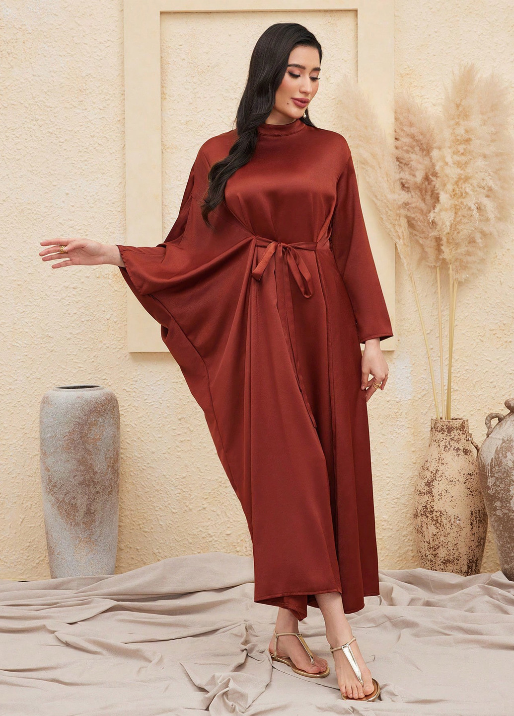 Коричневое кэжуал платье на запах SHEIN однотонное