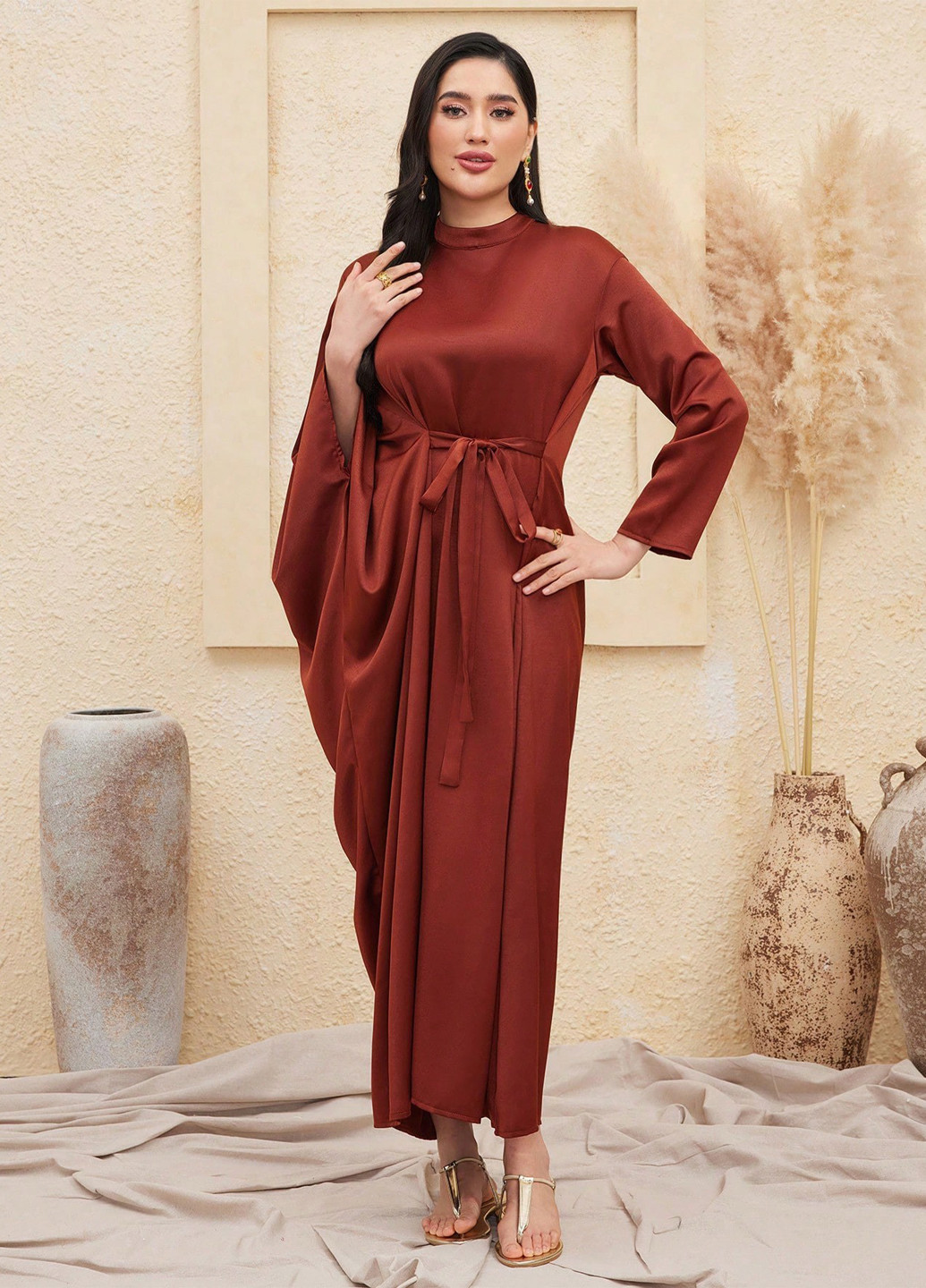 Коричневое кэжуал платье на запах SHEIN однотонное