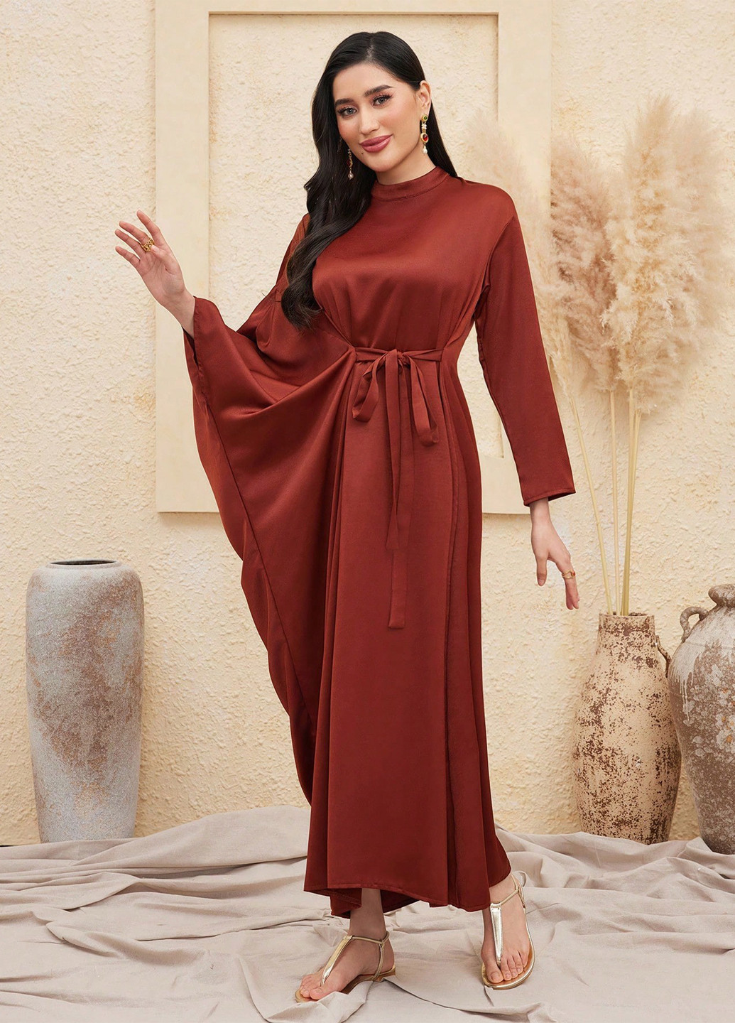 Коричневое кэжуал платье на запах SHEIN однотонное