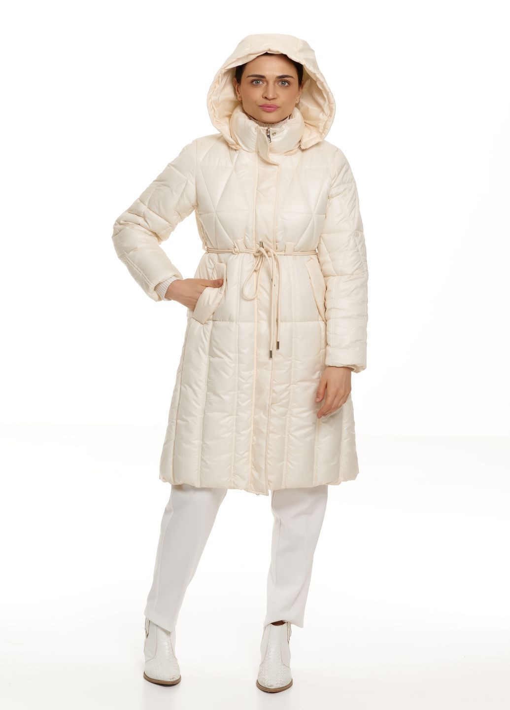 Белая зимняя женский удлиненный пуховик с капюшоном натуральный водоотталкивающий пух зима осень 2662 белый Actors