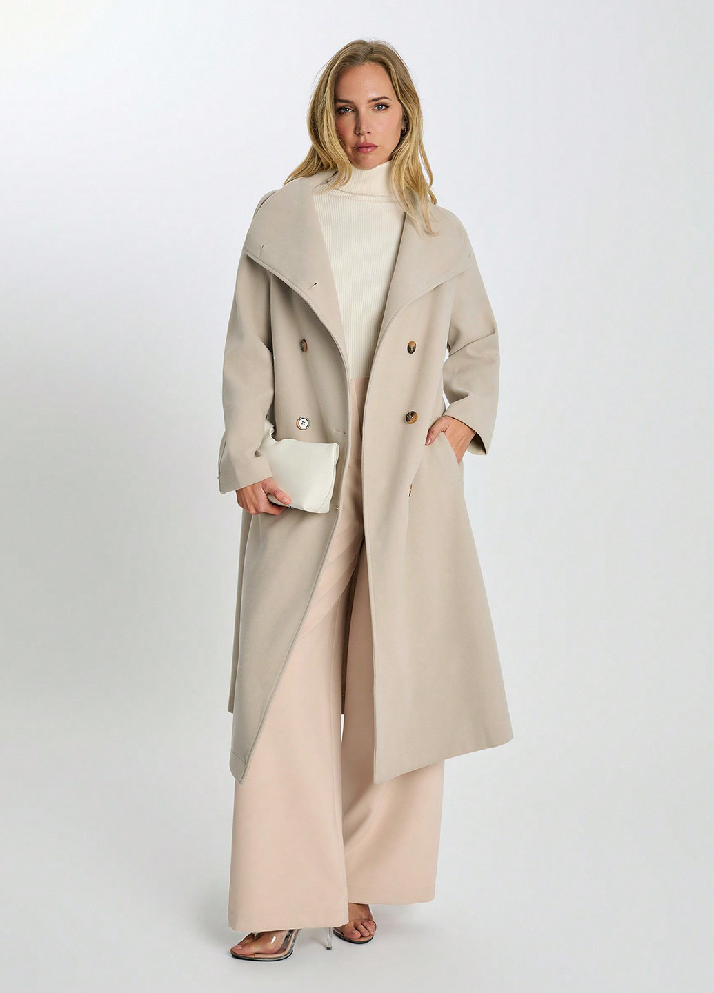 Бежевое зимнее Пальто двубортное SHEIN