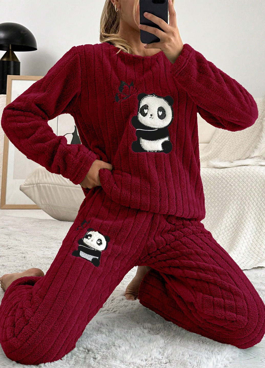Бордовая зимняя пижама (свитшот, брюки) SHEIN