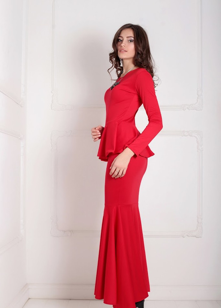 Червона кежуал елегантне вечірнє плаття-рибка з довгим рукавом і баскою на талії laura Podium однотонна