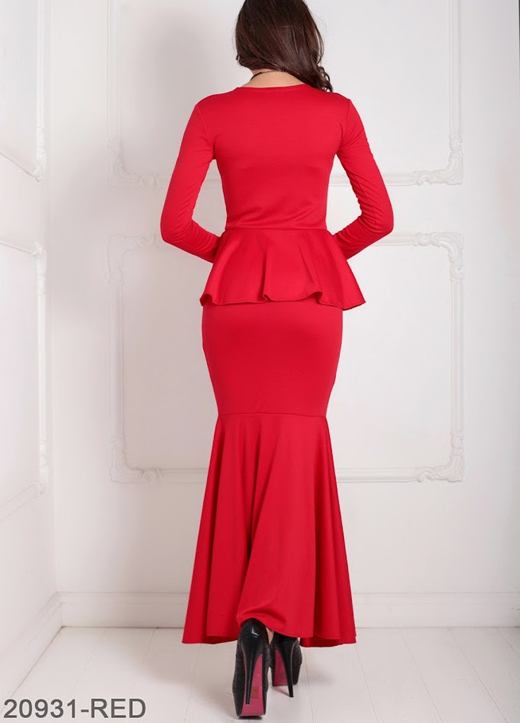 Красное кэжуал элегантное вечернее платье-рыбка с длинным рукавом и баской на талии laura Podium однотонное