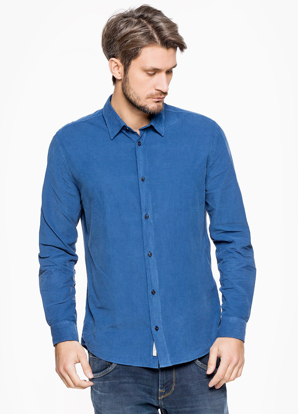 Синяя кэжуал рубашка однотонная Pepe Jeans с длинным рукавом